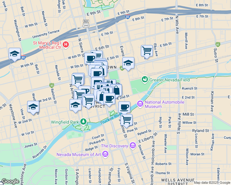 map of restaurants, bars, coffee shops, grocery stores, and more near 46 East Commercial Row in Reno
