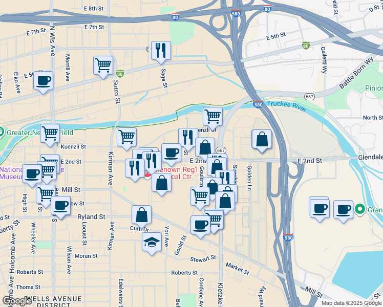 map of restaurants, bars, coffee shops, grocery stores, and more near 80 Ormand Court in Reno