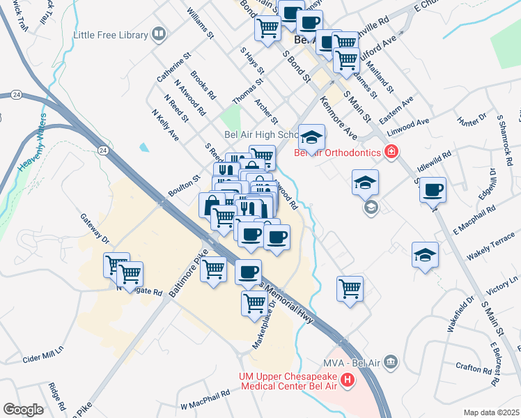map of restaurants, bars, coffee shops, grocery stores, and more near 527 Baltimore Pike in Bel Air