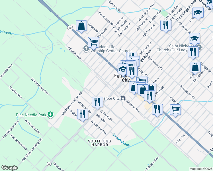 map of restaurants, bars, coffee shops, grocery stores, and more near 450 Liverpool Avenue in Egg Harbor City