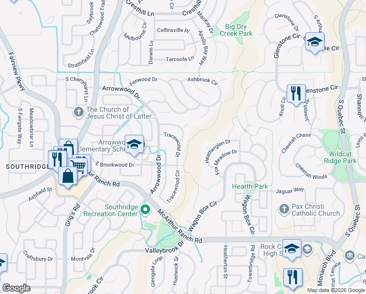 map of restaurants, bars, coffee shops, grocery stores, and more near 10382 Tracewood Drive in Littleton