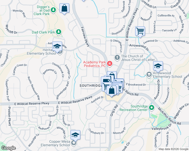 map of restaurants, bars, coffee shops, grocery stores, and more near 10196 Meadowbriar Lane in Littleton