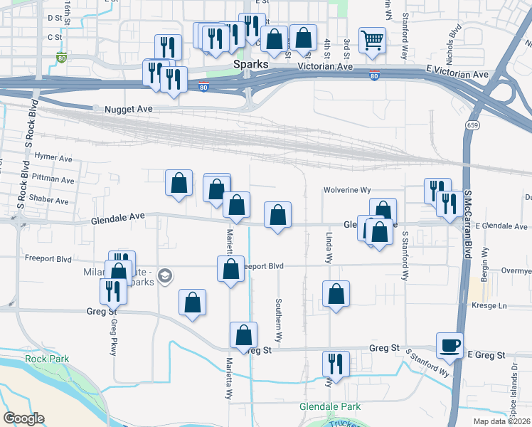 map of restaurants, bars, coffee shops, grocery stores, and more near 704 Dermody Way in Sparks