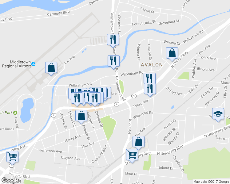 map of restaurants, bars, coffee shops, grocery stores, and more near 2319 Erie Avenue in Middletown