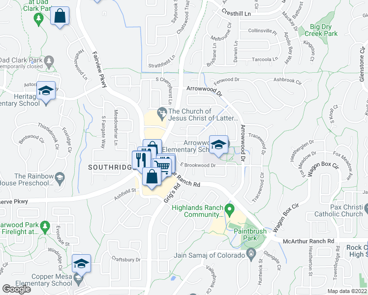 map of restaurants, bars, coffee shops, grocery stores, and more near 10365 South Ravenswood Lane in Littleton