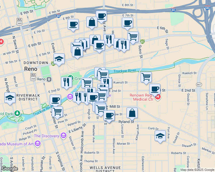 map of restaurants, bars, coffee shops, grocery stores, and more near 30 South Wells Avenue in Reno