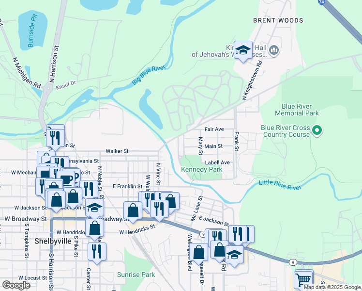 map of restaurants, bars, coffee shops, grocery stores, and more near 401 Alice St in Shelbyville