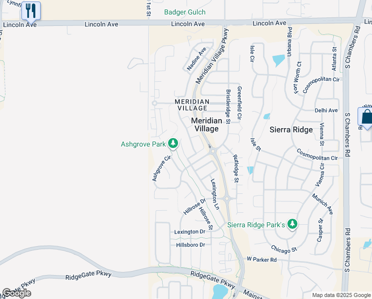 map of restaurants, bars, coffee shops, grocery stores, and more near 10366 Sierra Ridge Lane in Parker