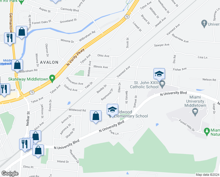 map of restaurants, bars, coffee shops, grocery stores, and more near 3223 Raymond Drive in Middletown