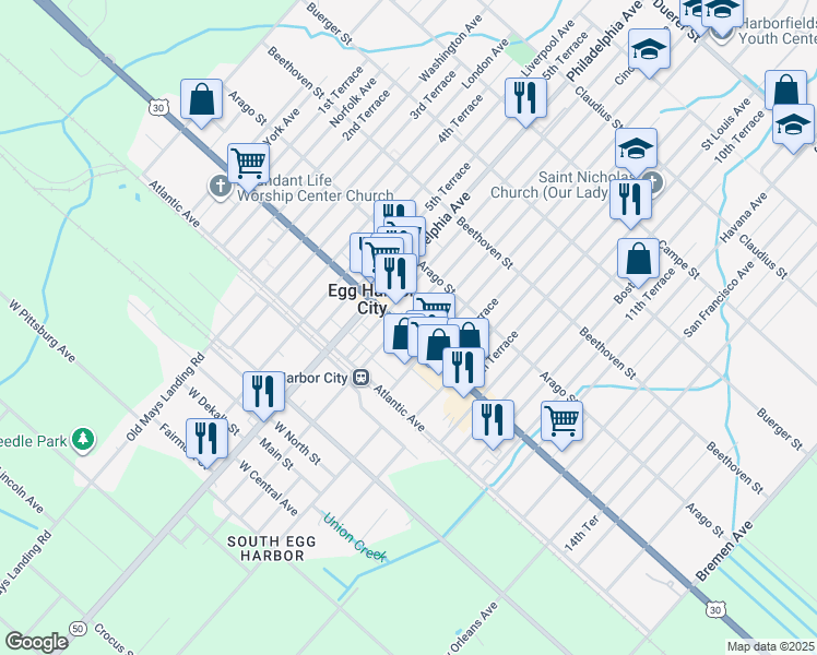 map of restaurants, bars, coffee shops, grocery stores, and more near 102 Cincinnati Avenue in Egg Harbor City