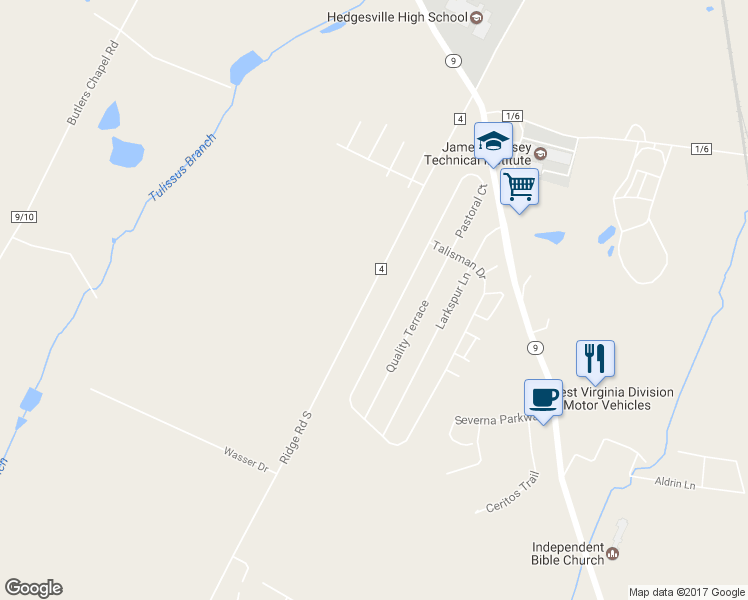 map of restaurants, bars, coffee shops, grocery stores, and more near 2642 Ridge Road South in Martinsburg