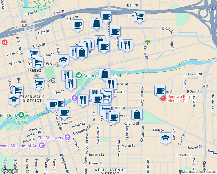 map of restaurants, bars, coffee shops, grocery stores, and more near 642 Kuenzli Street in Reno