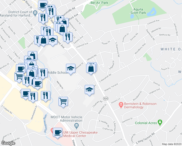 map of restaurants, bars, coffee shops, grocery stores, and more near 808 S Main St in Bel Air