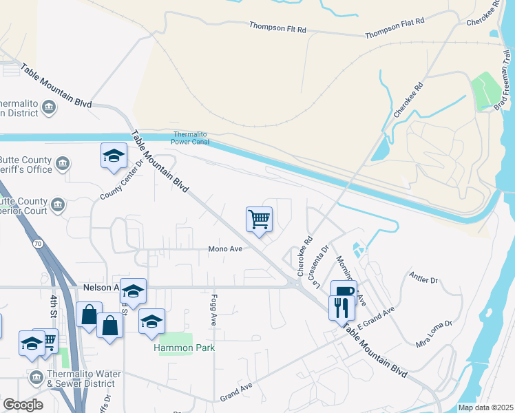 map of restaurants, bars, coffee shops, grocery stores, and more near 127 Flying Cloud Drive in Oroville