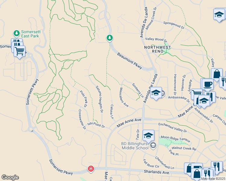 map of restaurants, bars, coffee shops, grocery stores, and more near 1622 Calusa Ln in Reno