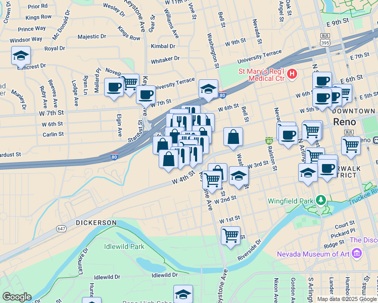 map of restaurants, bars, coffee shops, grocery stores, and more near 448 Keystone Avenue in Reno