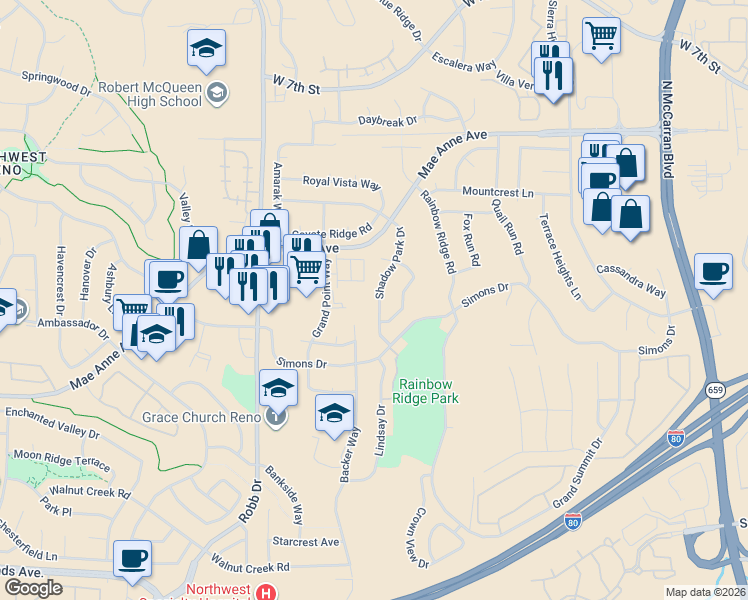 map of restaurants, bars, coffee shops, grocery stores, and more near 1655 Shadow Park Drive in Reno