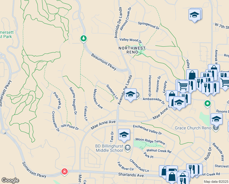 map of restaurants, bars, coffee shops, grocery stores, and more near 1601 Sonterra Court in Reno