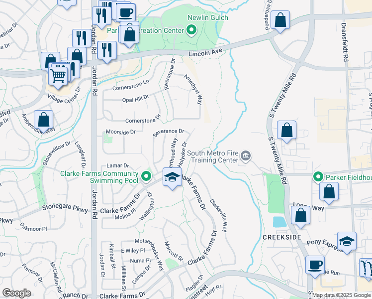 map of restaurants, bars, coffee shops, grocery stores, and more near 10528 Holyoke Drive in Parker