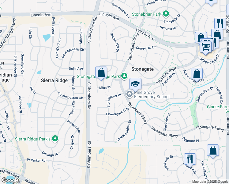 map of restaurants, bars, coffee shops, grocery stores, and more near 10389 Blossom Court in Parker