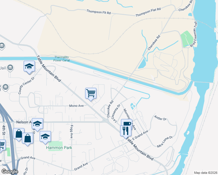 map of restaurants, bars, coffee shops, grocery stores, and more near 23 Cameron Drive in Oroville