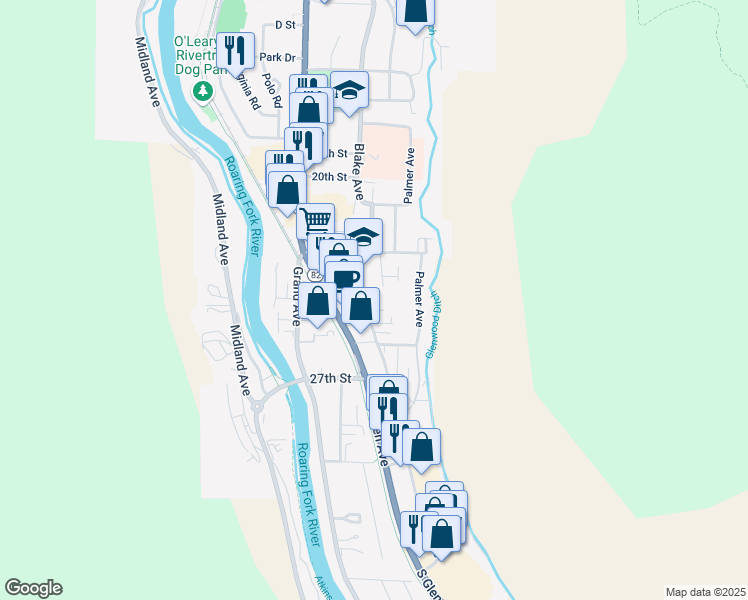 map of restaurants, bars, coffee shops, grocery stores, and more near 2418 Blake Avenue in Glenwood Springs