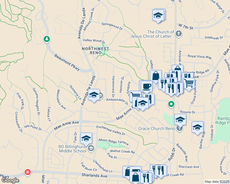 map of restaurants, bars, coffee shops, grocery stores, and more near 1632 Havencrest Drive in Reno