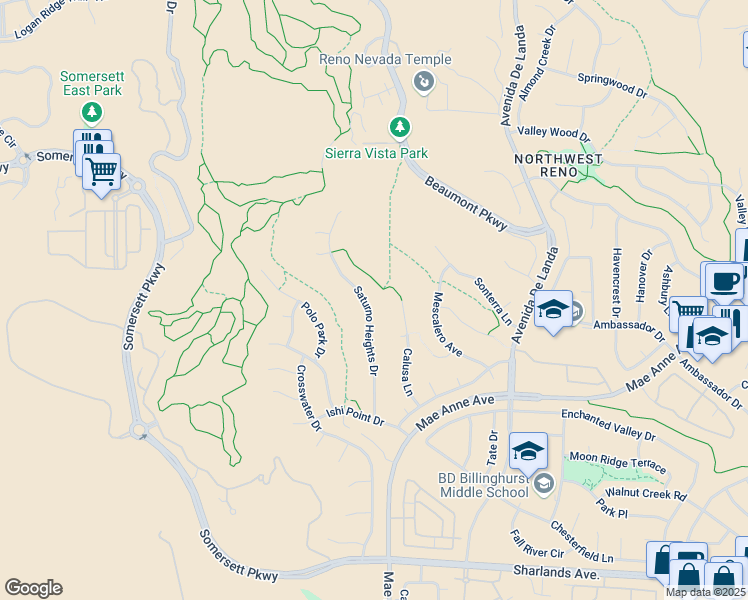 map of restaurants, bars, coffee shops, grocery stores, and more near 1650 Saturno Heights Drive in Reno