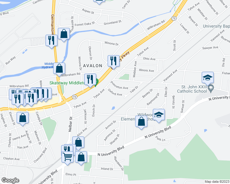 map of restaurants, bars, coffee shops, grocery stores, and more near 2827 Oxford Avenue in Middletown