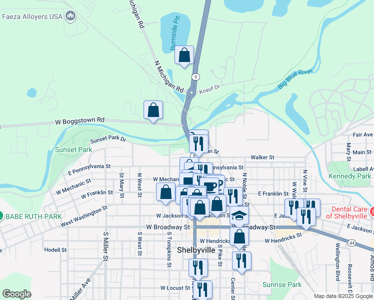 map of restaurants, bars, coffee shops, grocery stores, and more near 501 North Harrison Street in Shelbyville