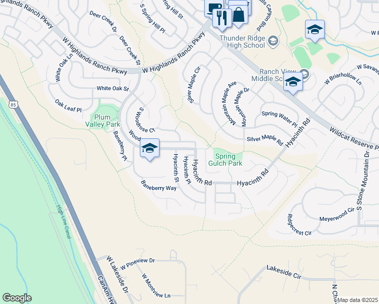 map of restaurants, bars, coffee shops, grocery stores, and more near 10415 Hyacinth Place in Highlands Ranch
