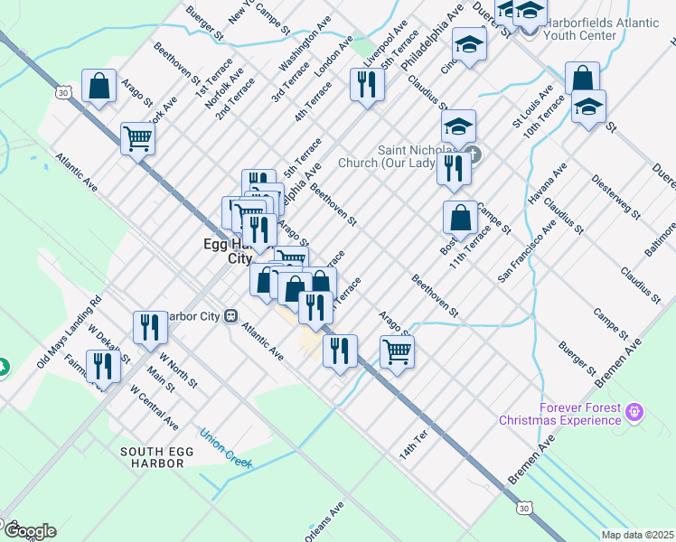 map of restaurants, bars, coffee shops, grocery stores, and more near 823 Arago Street in Egg Harbor City