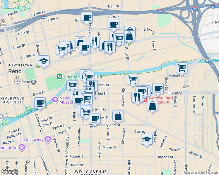 map of restaurants, bars, coffee shops, grocery stores, and more near 800 Kuenzli Street in Reno