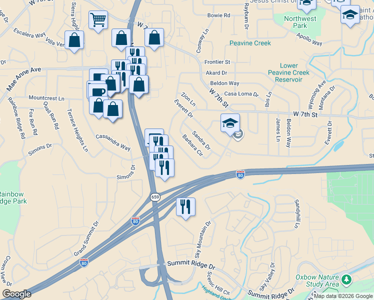 map of restaurants, bars, coffee shops, grocery stores, and more near 3291 Heights Drive in Reno