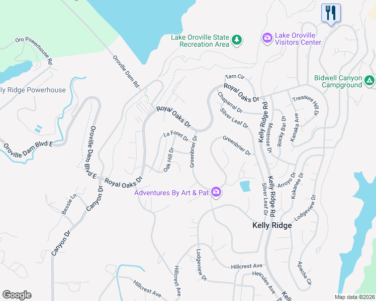map of restaurants, bars, coffee shops, grocery stores, and more near 101 Greenbrier Drive in Oroville