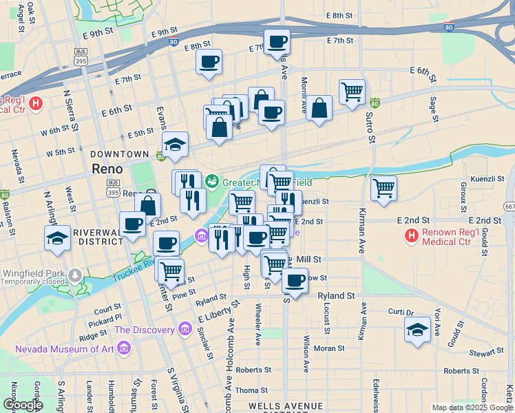 map of restaurants, bars, coffee shops, grocery stores, and more near 544 Kuenzli Street in Reno