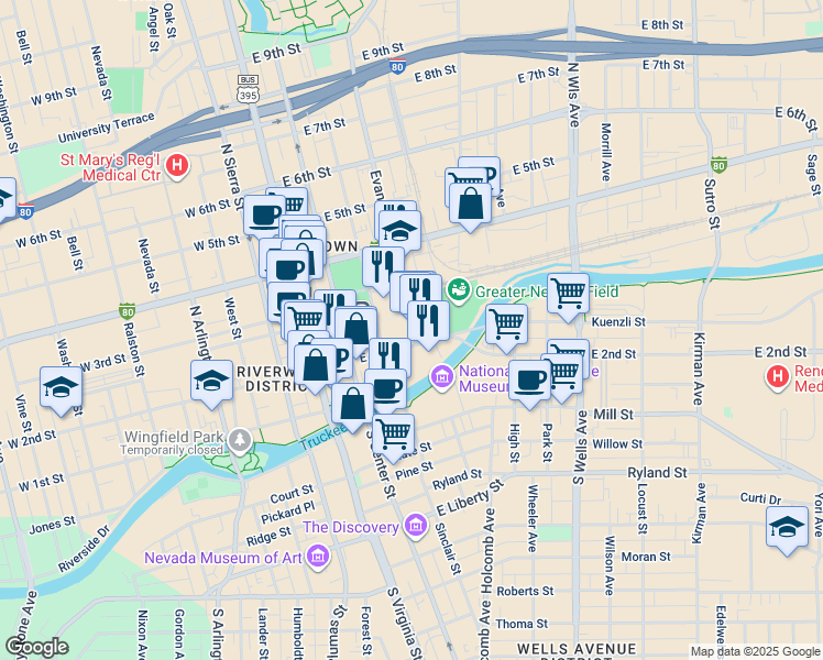 map of restaurants, bars, coffee shops, grocery stores, and more near 200 Evans Avenue in Reno