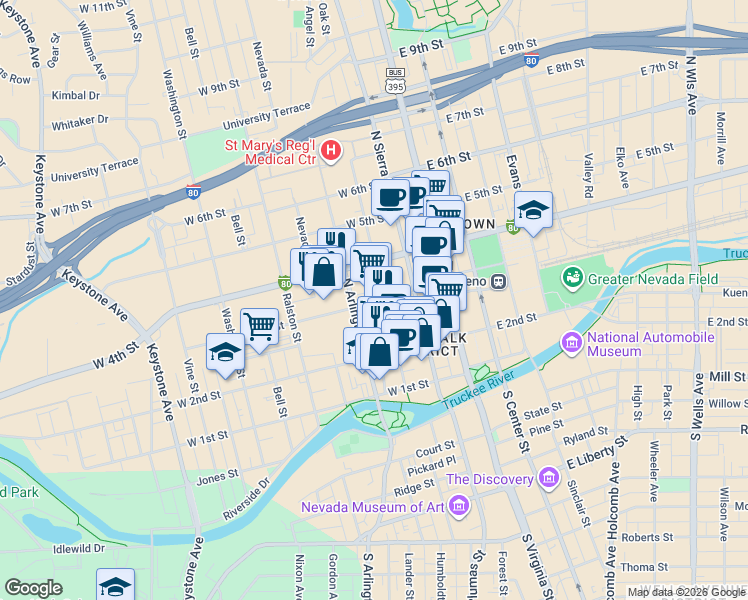 map of restaurants, bars, coffee shops, grocery stores, and more near 303 West 3rd Street in Reno