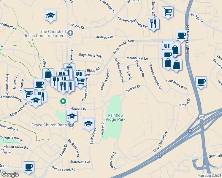 map of restaurants, bars, coffee shops, grocery stores, and more near 1660 Catherine Way in Reno