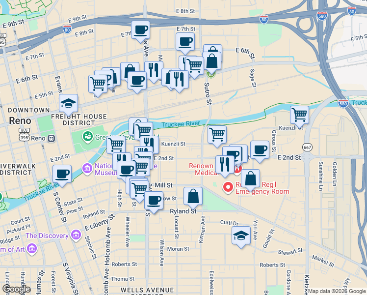 map of restaurants, bars, coffee shops, grocery stores, and more near 800 Kuenzli Street in Reno