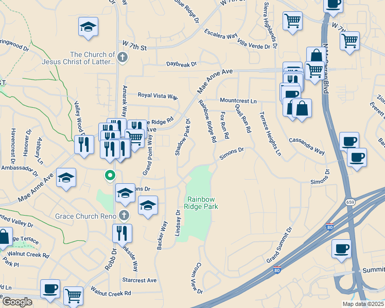 map of restaurants, bars, coffee shops, grocery stores, and more near 1660 Catherine Way in Reno