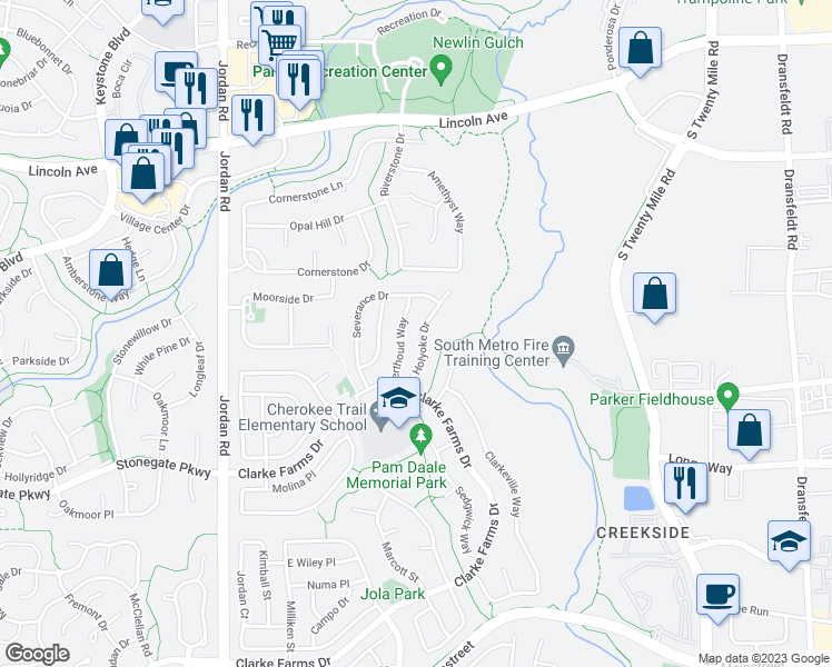map of restaurants, bars, coffee shops, grocery stores, and more near 10529 Holyoke Drive in Parker