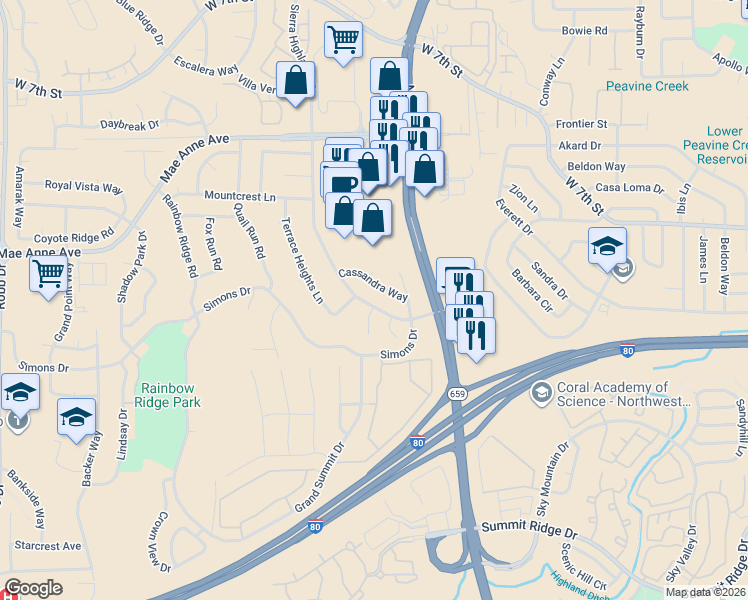 map of restaurants, bars, coffee shops, grocery stores, and more near 1599 Pries Court in Reno