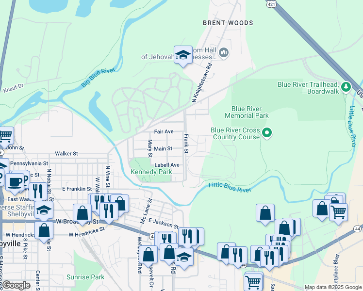 map of restaurants, bars, coffee shops, grocery stores, and more near 846 Main Street in Shelbyville