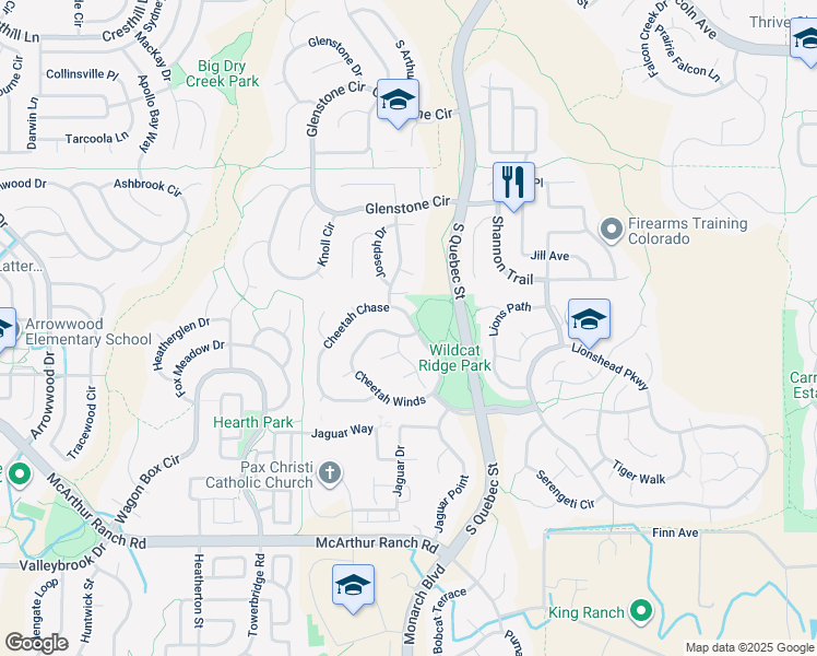 map of restaurants, bars, coffee shops, grocery stores, and more near 10401 Cheetah Winds in Lone Tree