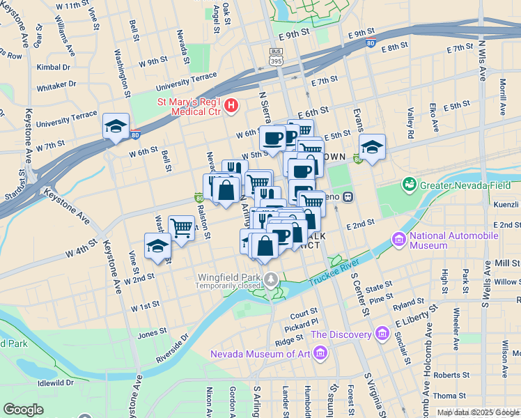 map of restaurants, bars, coffee shops, grocery stores, and more near 303 West 3rd Street in Reno
