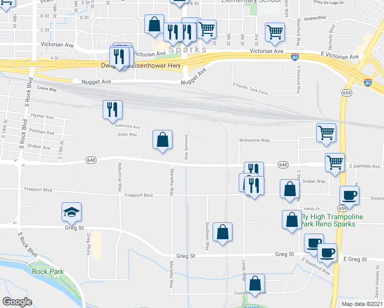 map of restaurants, bars, coffee shops, grocery stores, and more near 704 Dermody Way in Sparks