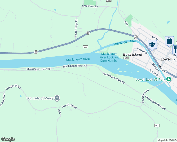 map of restaurants, bars, coffee shops, grocery stores, and more near 8255 Muskingum River Road in Lowell