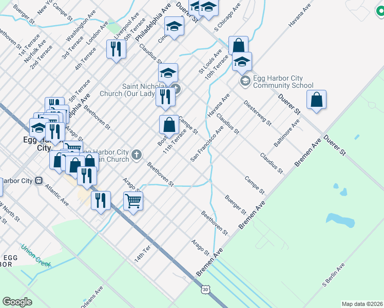 map of restaurants, bars, coffee shops, grocery stores, and more near 415 San Francisco Avenue in Egg Harbor City