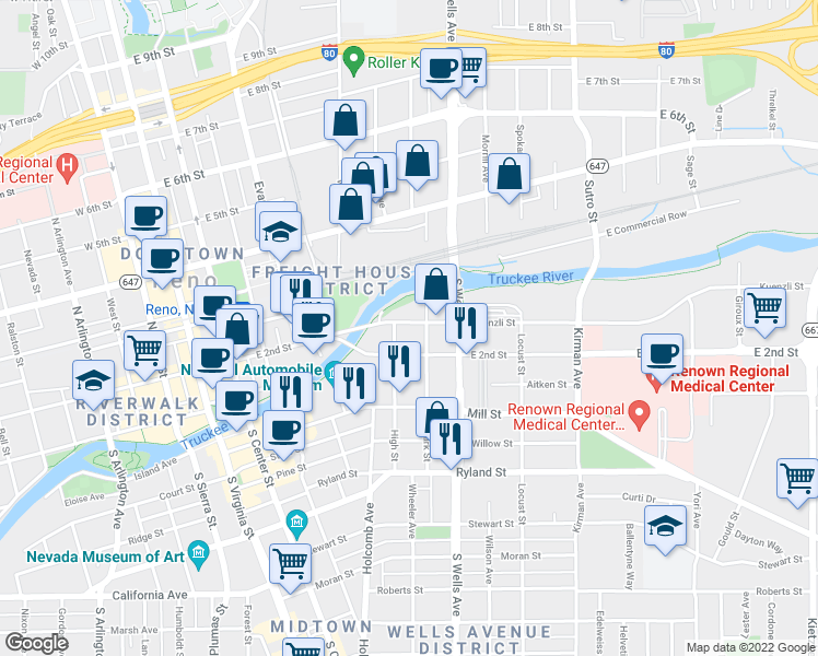 map of restaurants, bars, coffee shops, grocery stores, and more near 544 Kuenzli Street in Reno